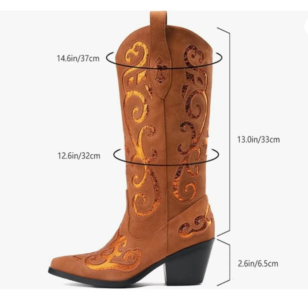 Cowgirl Mid Calf Floral Embroidery Pointed Toe Chunky Boots